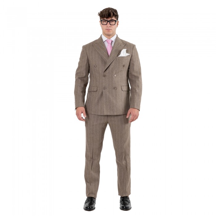 Abito doppio petto gessato in lana beige