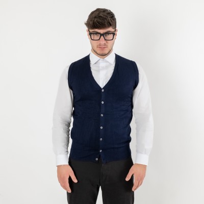 Cardigan gilet giromanica in lana  - Blu