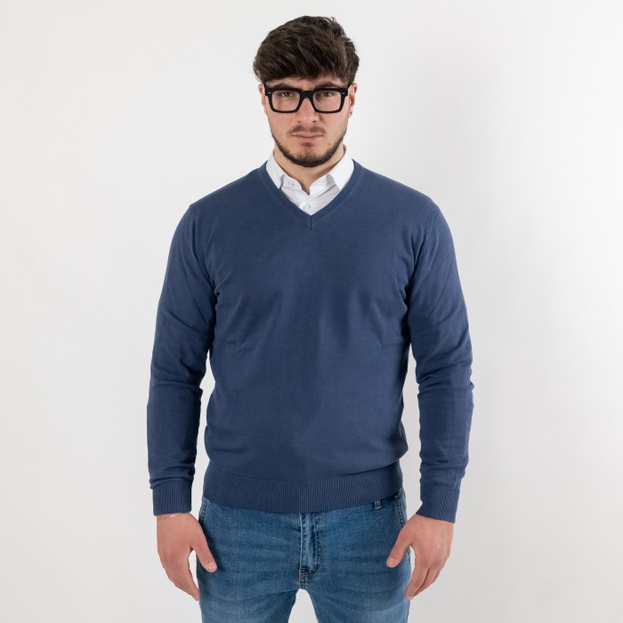 Maglia in cotone scollo a V - Blu denim