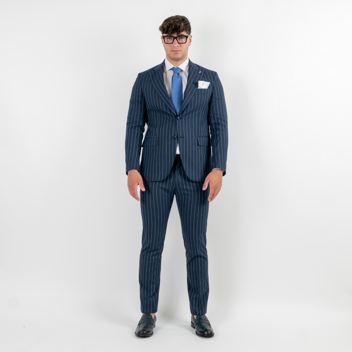 Abito monopetto blu gessato petto a...