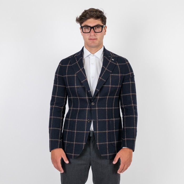 Giacca monopetto check blu petto a...