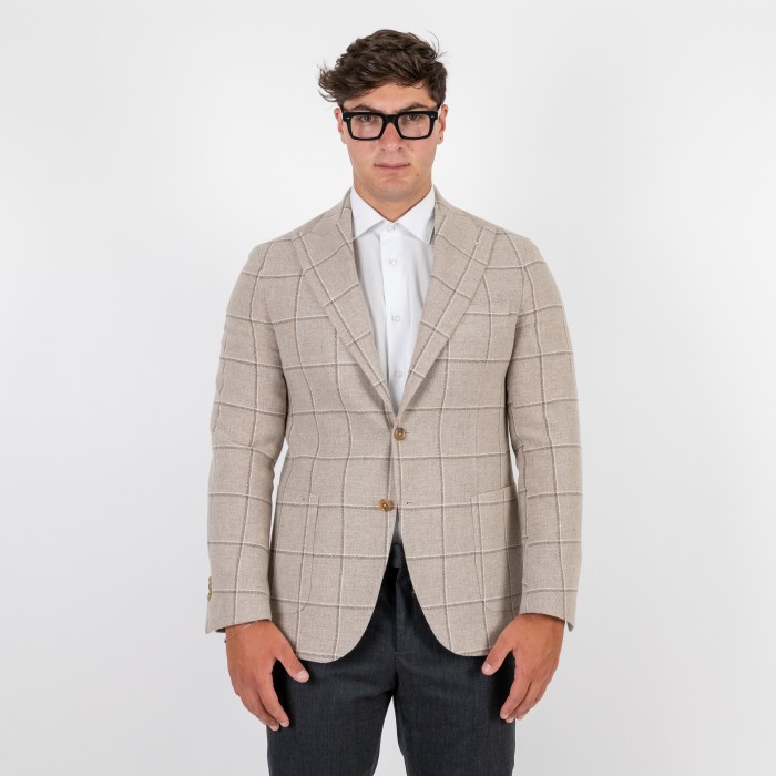 Giacca monopetto check beige petto a...