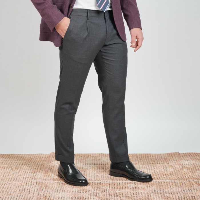Pantalone a quadri una pince - Grigio