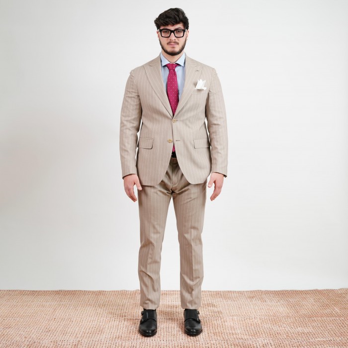 Abito monopetto beige gessato petto a...