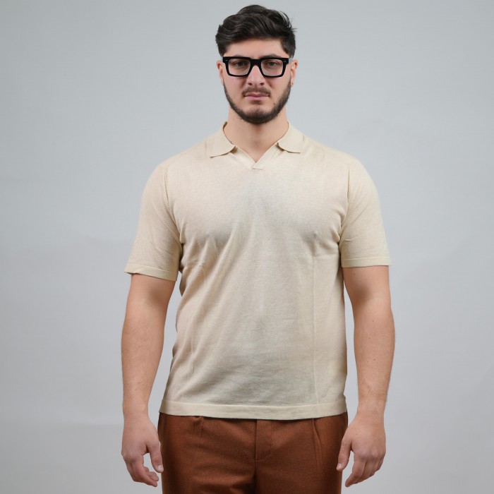 Polo in cotone collo a V - Beige