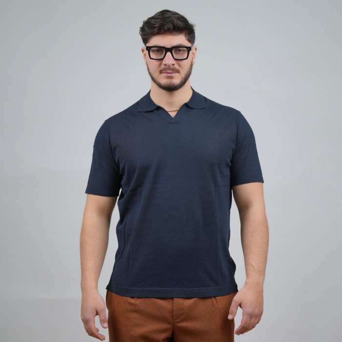 Polo in cotone collo a V - Blu
