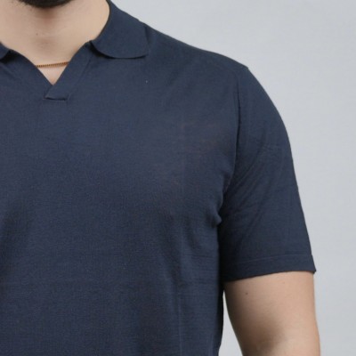 Polo in cotone collo a V - Blu 2