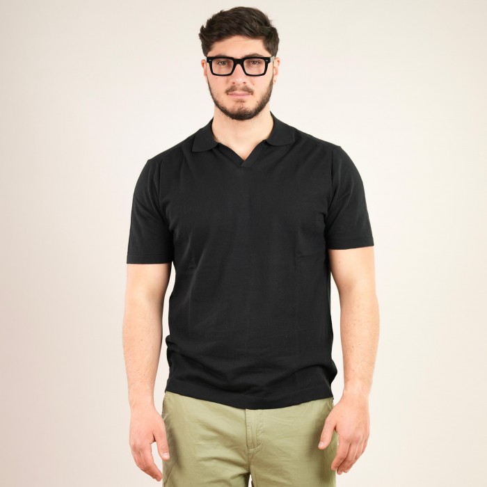 Polo in cotone collo a V - Nero