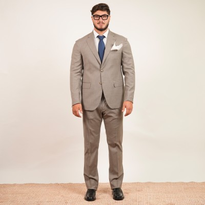 Abito monopetto beige gessato in lana australiana
